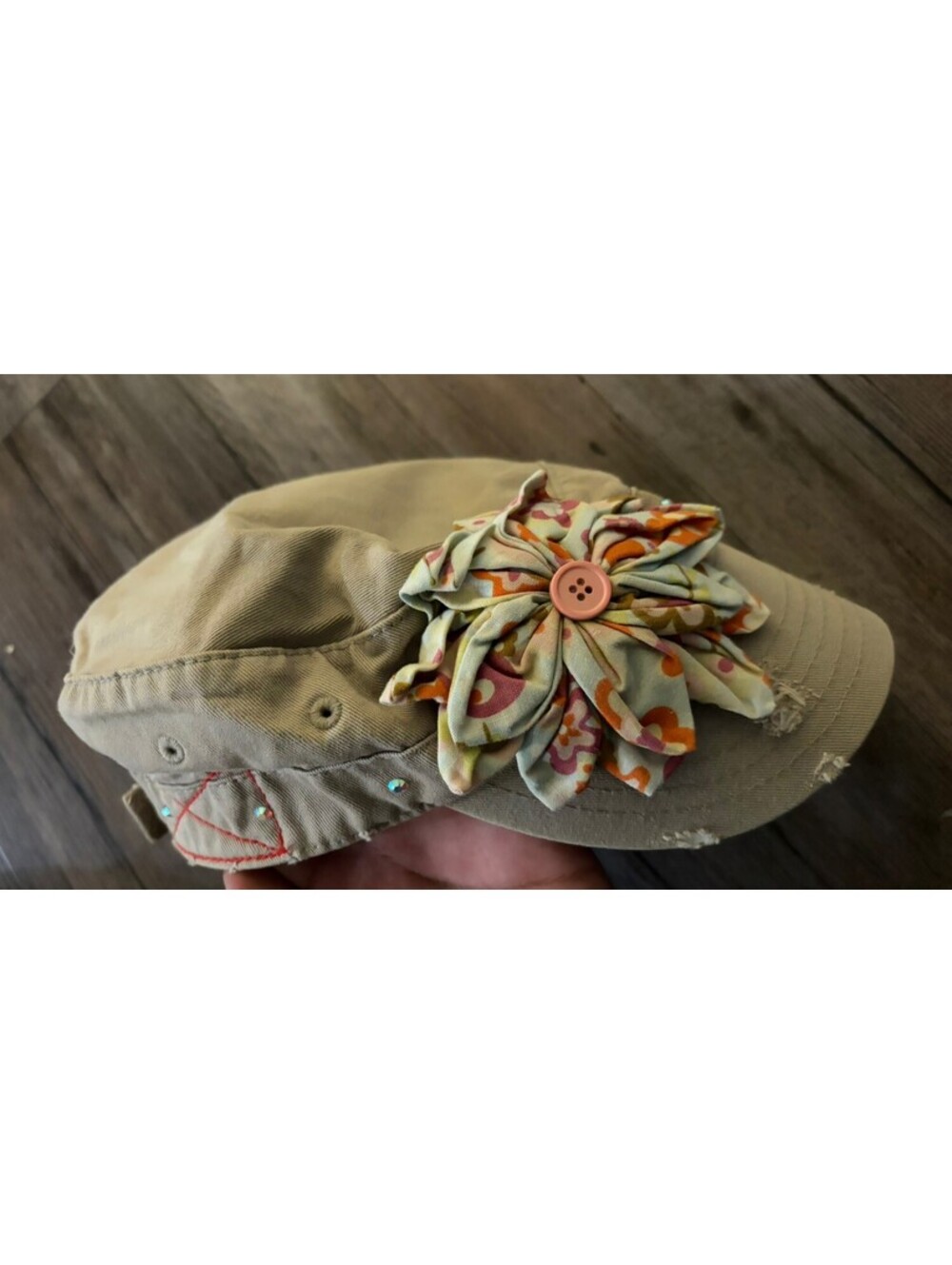 Vintage Y2K Tan Floral Appliqué Distressed Cadet Cap